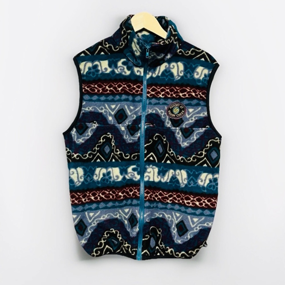 Vintage Fleece Vest Resort At Squaw Creek Aztec Mountain blue colorful